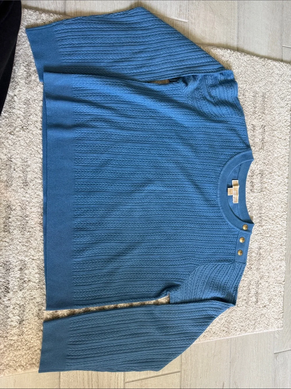Blue  Cable-Knit Crewneck Sweater with Shoulder Buttons